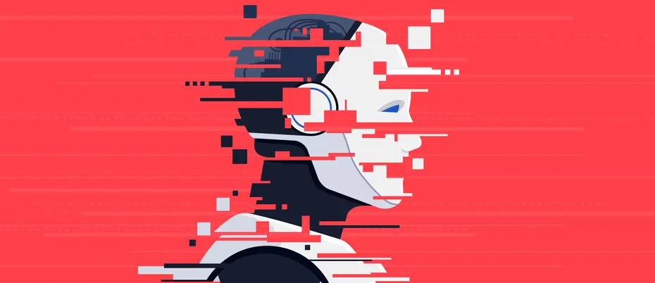 A humanoid AI robot looks corrupted or broken with line glitches