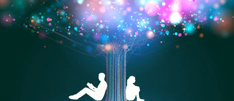 Two people sit on opposite sides of a tree made of AI/digital components