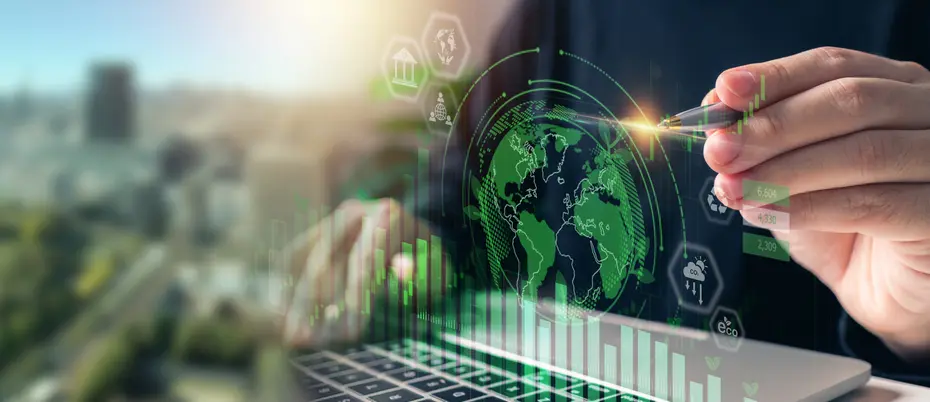 Businessman analyzes investment sustainability ESG icons
