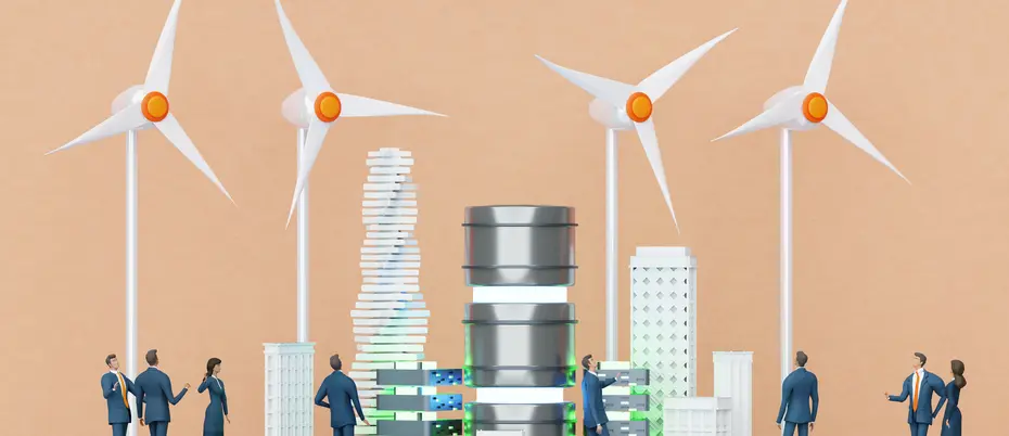 Wind power generators, turbines generating electricity enough for the for the city and controlled by AI, 3d rendering