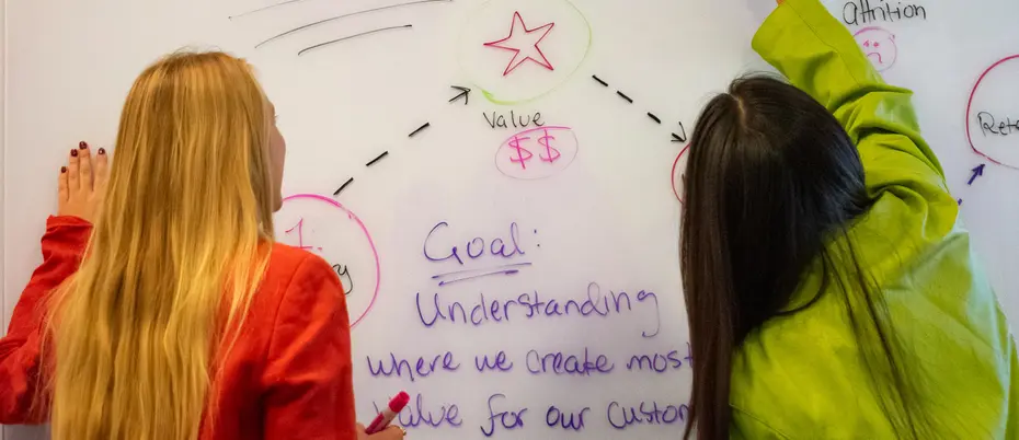 Young women brainstorming on whiteboard
