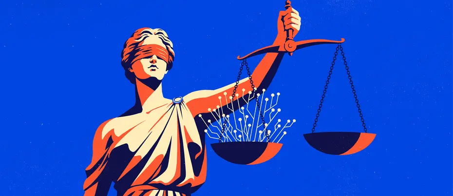 A lady of justice holds a scale with AI network lines on one side