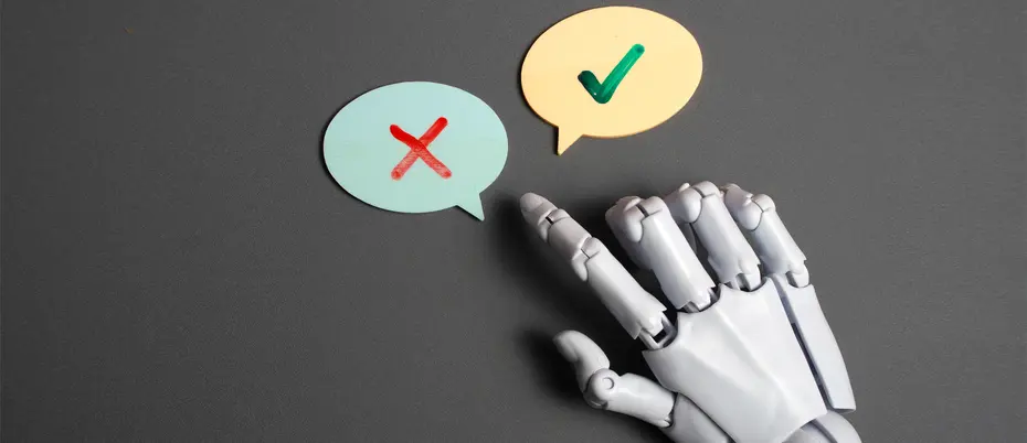 Robot hand pointing to speech bubbles with a check mark and an "X" mark