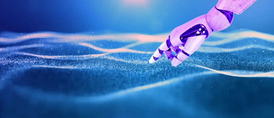 A robot hand points to ocean waves