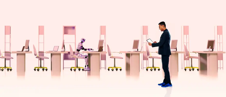 A business person oversees an office with no workers except for one robot