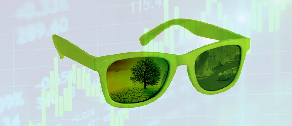 Green sunglasses with images of an iceberg melting and warming earth with a stock ticker in the background