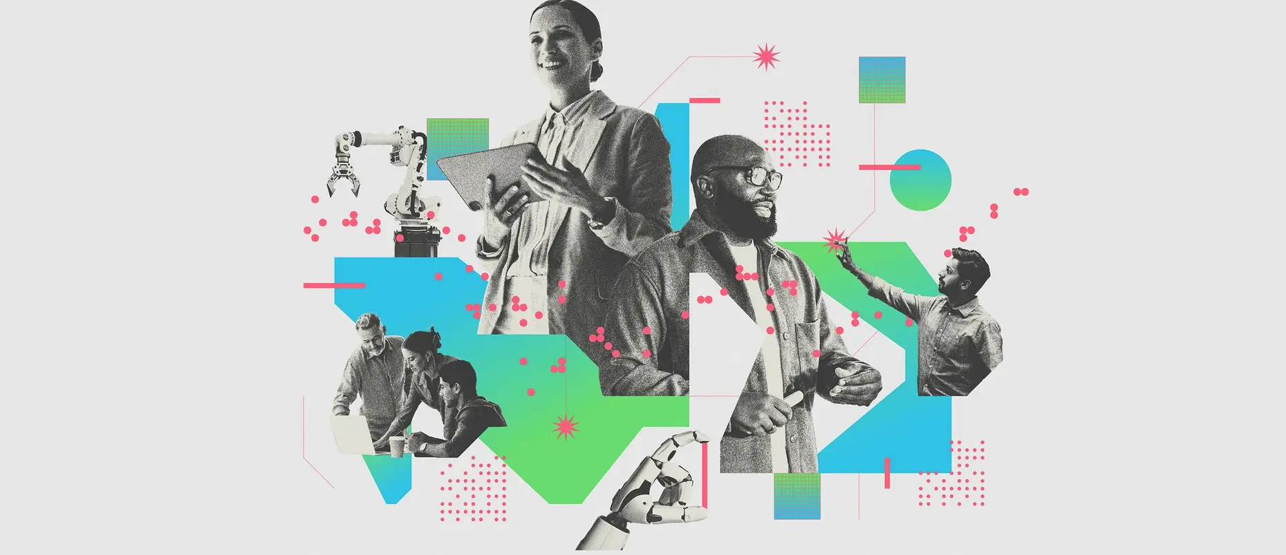 A collage of employees, artificial intelligence, and geometric shapes