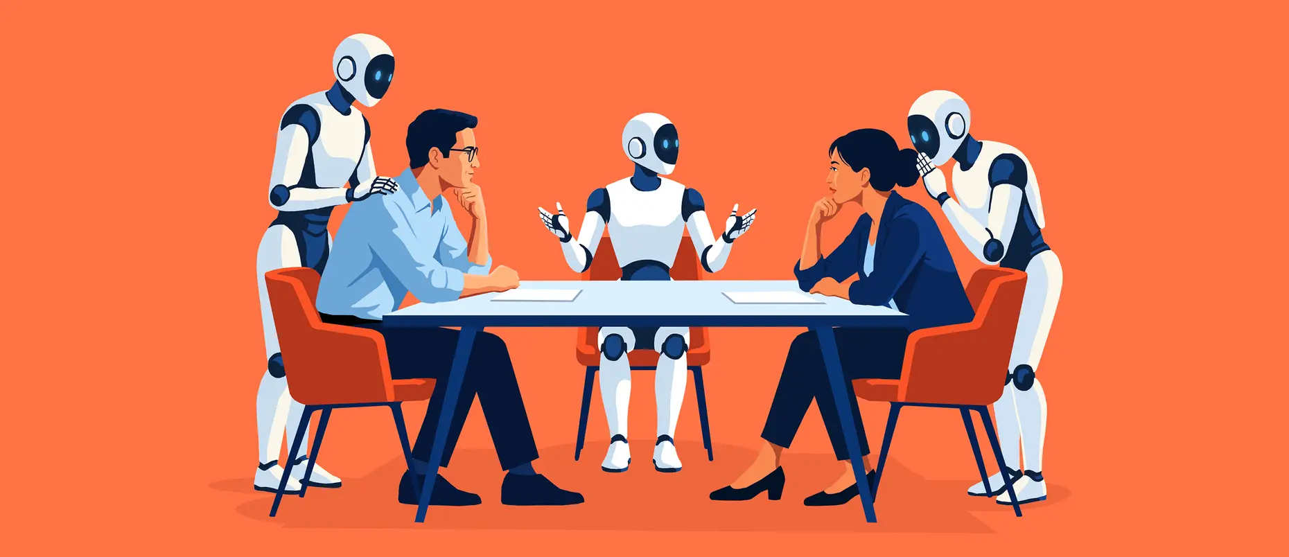 Two people sit across from each other at a negotiation table with robots present