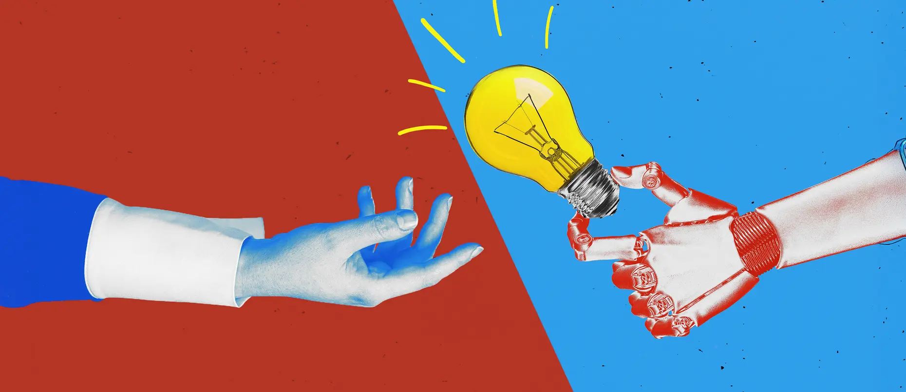 A human hand and a robot hand holding a lightbulb