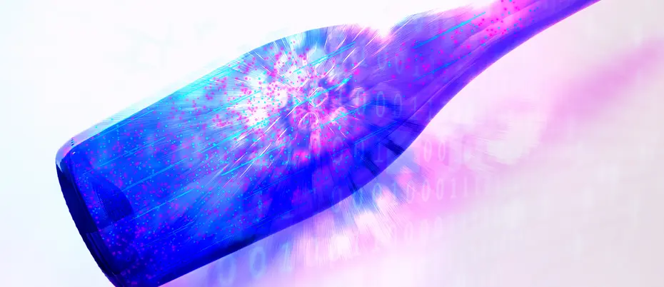 A wine bottle filled with digital imagery and binary code