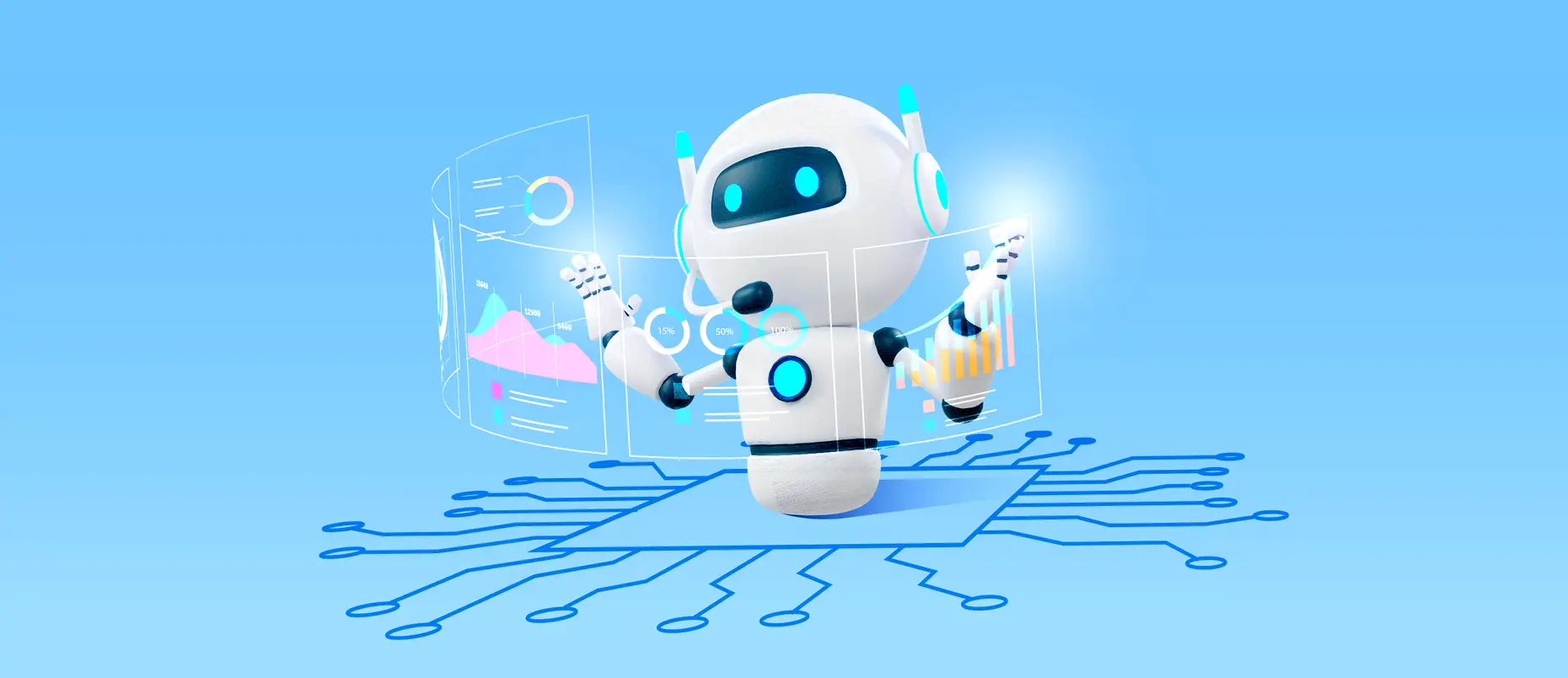 A robot manipulates digital displays of marketing analysis