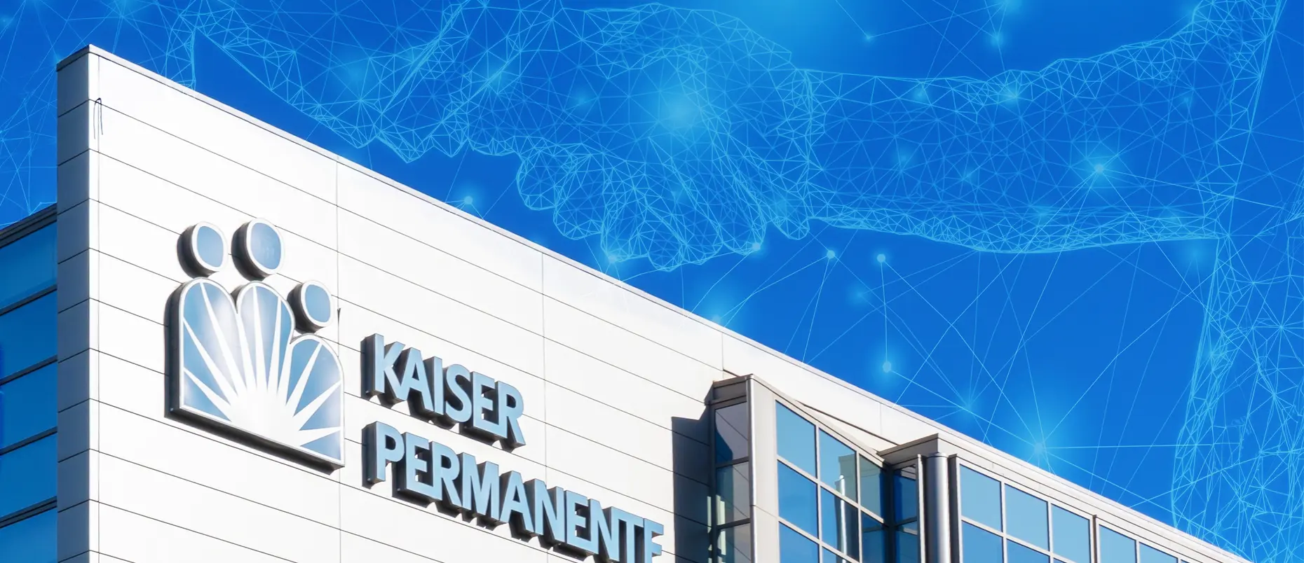 The Kaiser Permanente building with an abstract AI/digital image of a handshake in the sky