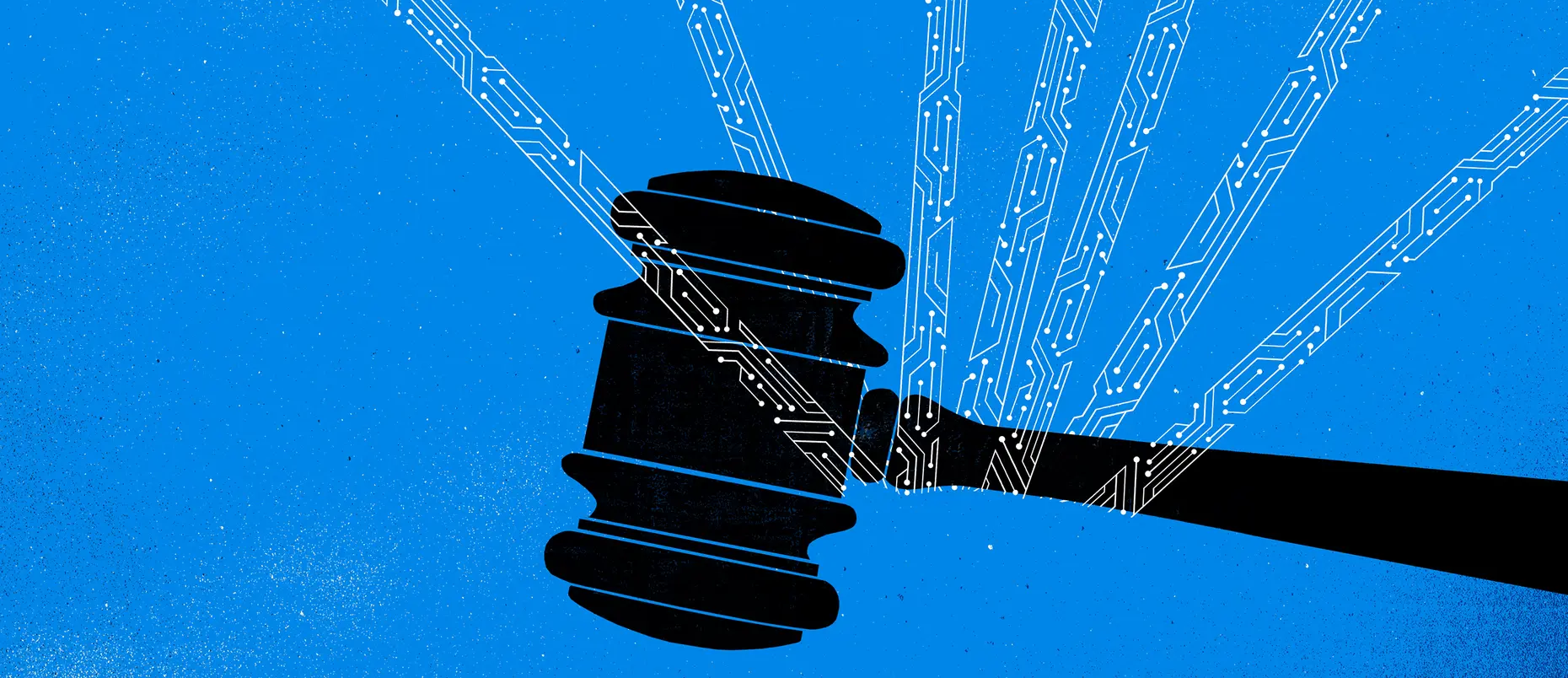 A gavel with lines made of AI network imagery coming out of it