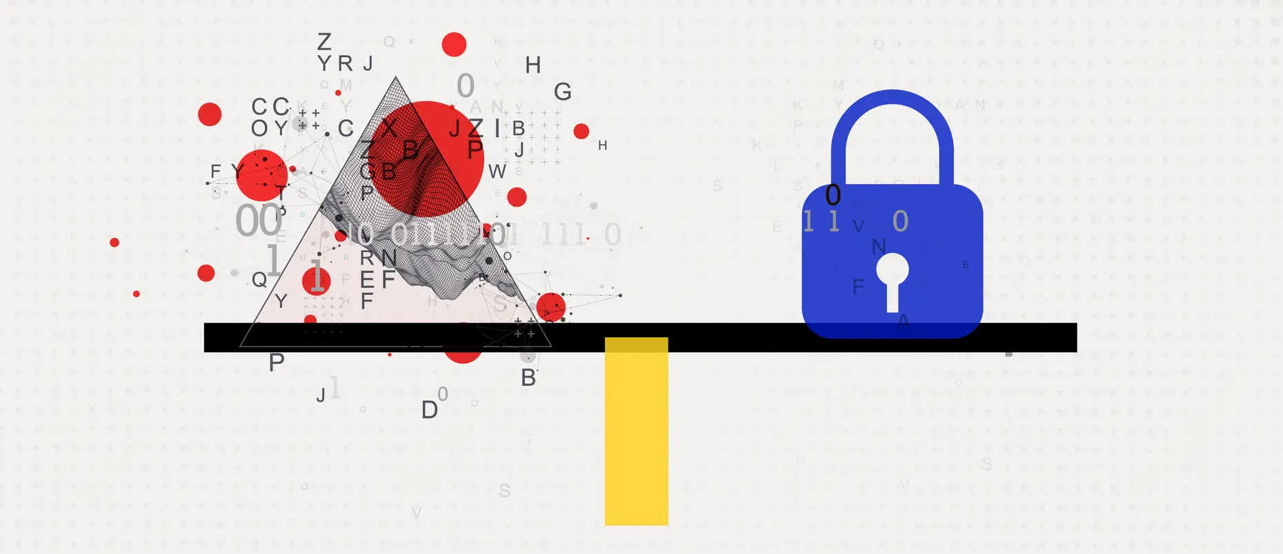 A seesaw with data on one side and a security lock on the other