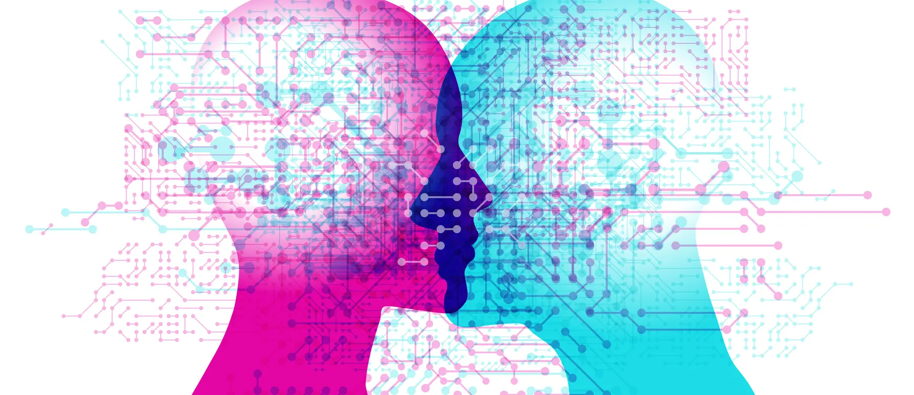  female and male side silhouette positioned back to back overlaid with various semi-transparent computer electronic circuit line and shapes representing a human link to Artificial Computer Intelligence.