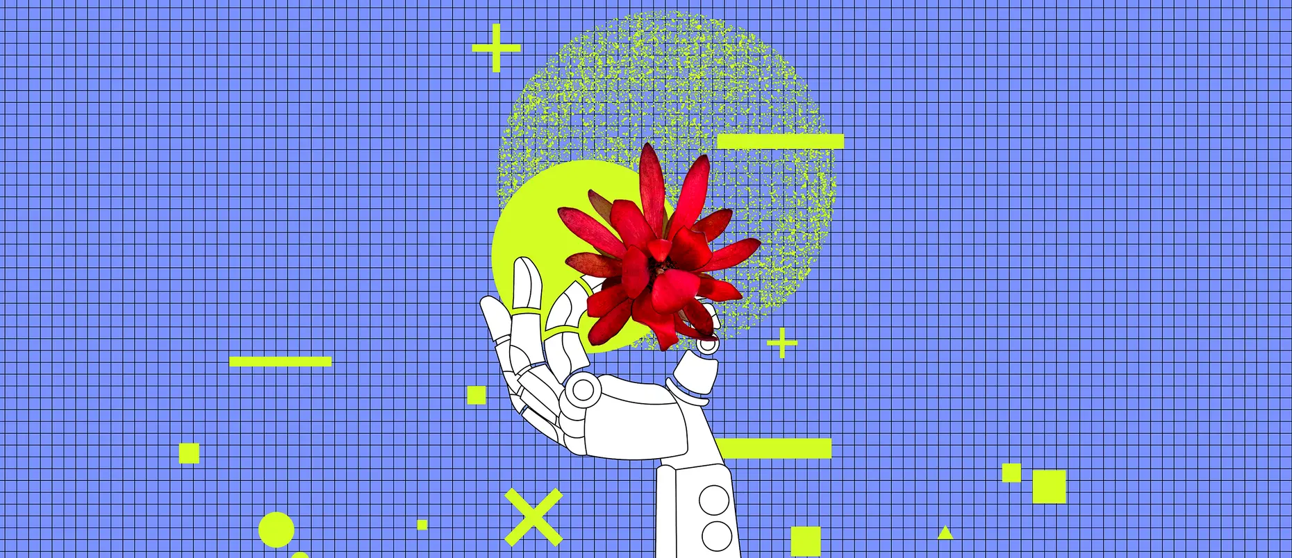 A robot hand holds a flower