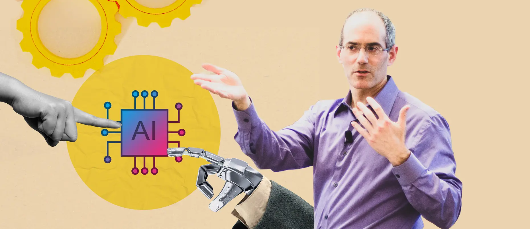 Steven Eppinger and a human and robot hand touching an AI microchip