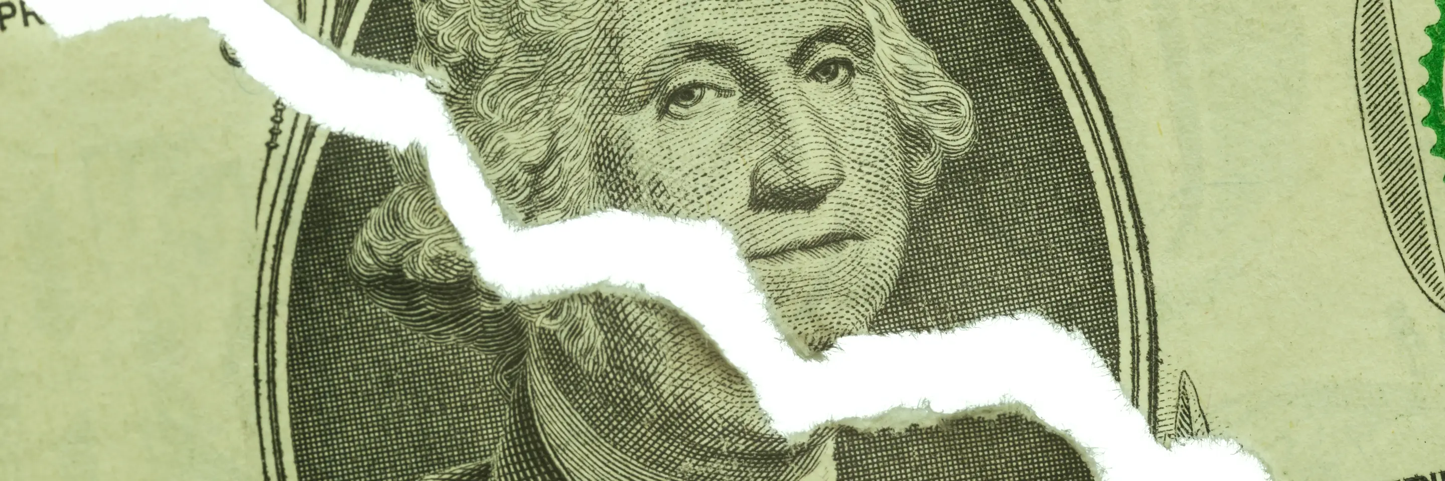 Dollar bill with rip down the middle