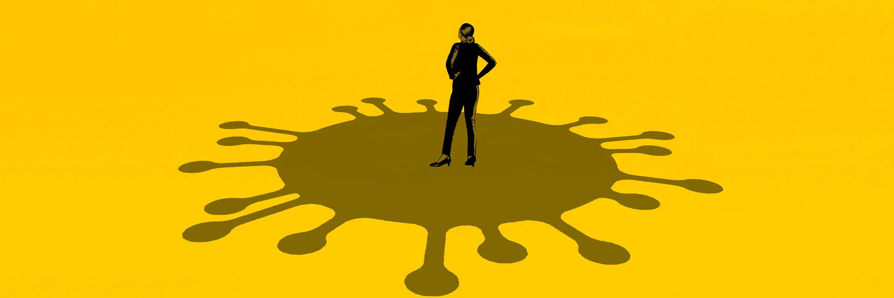 Illustration of a woman standing on top of a big coronavirus shadow.