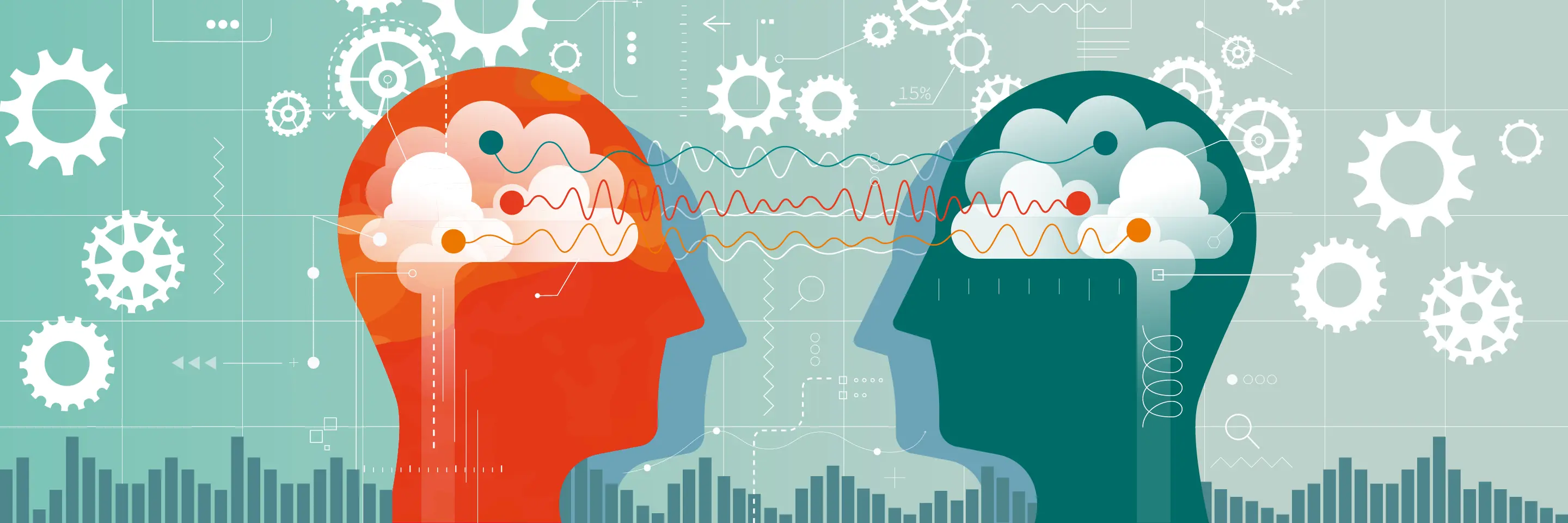 Illustration of two human heads with thought bubbles inside brain