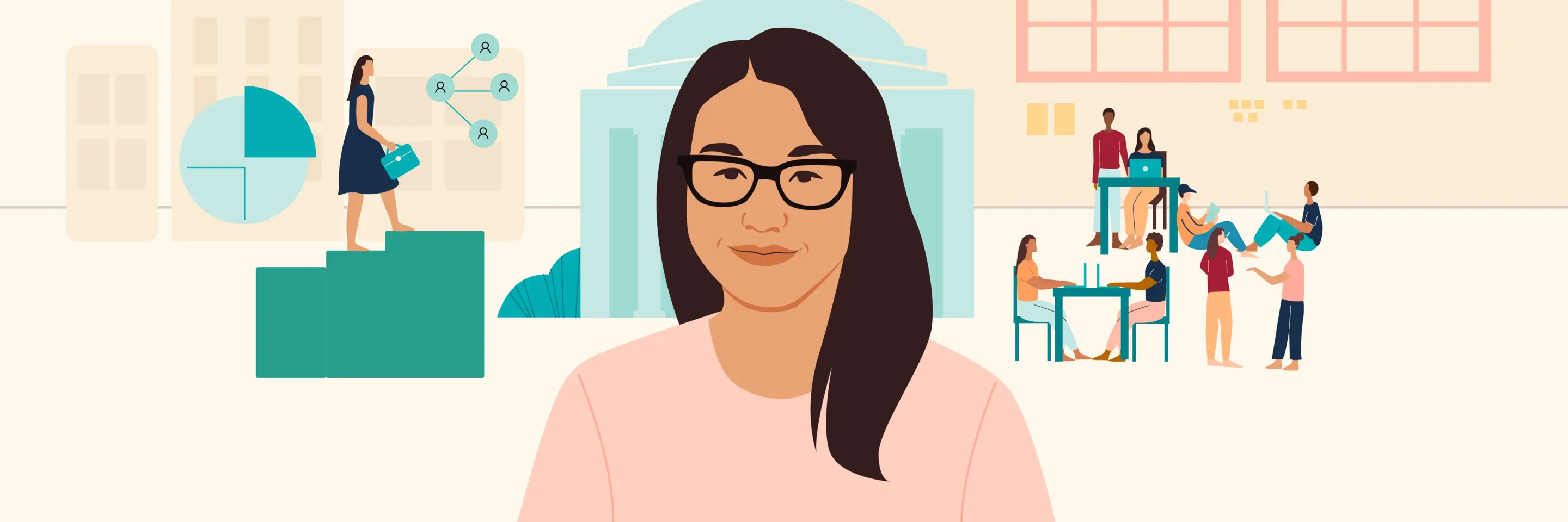 An illustration of MBA student, Josie, wearing a pink shirt. 