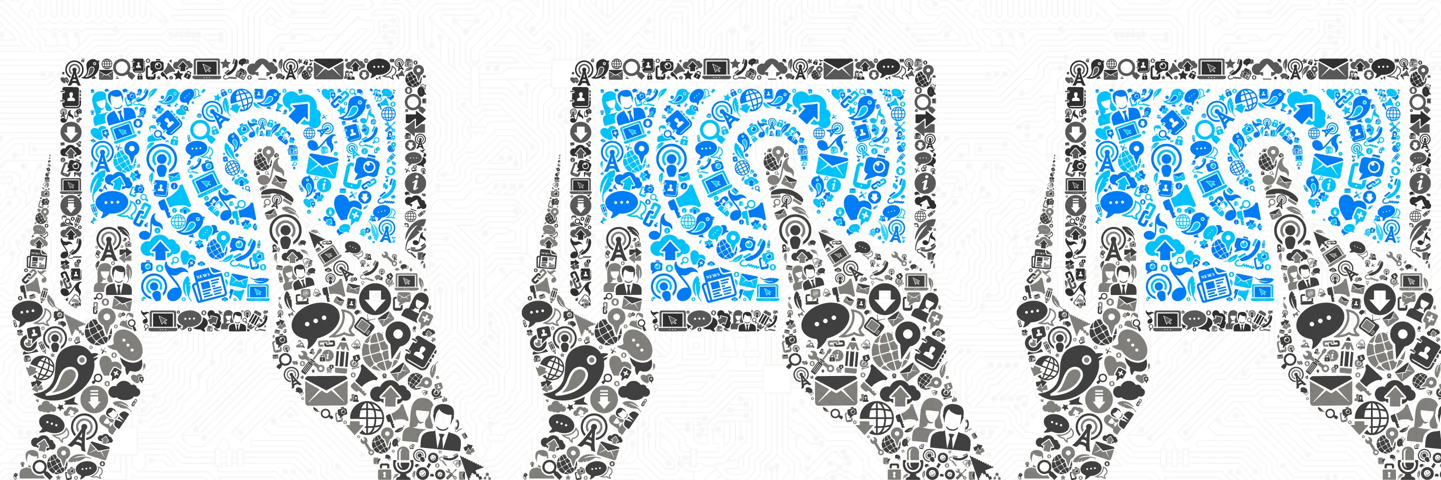 A collage of two hands interacting with a touchscreen tablet.