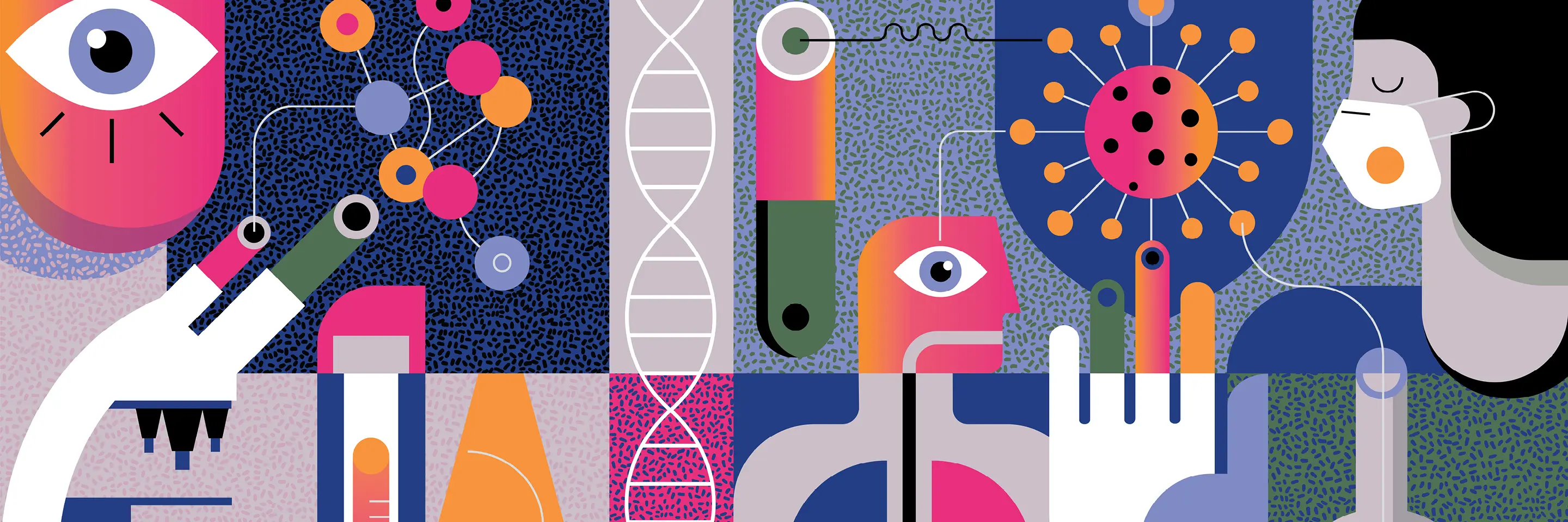 Artistic rendition of coronavirus testing, masking, and vaccine development