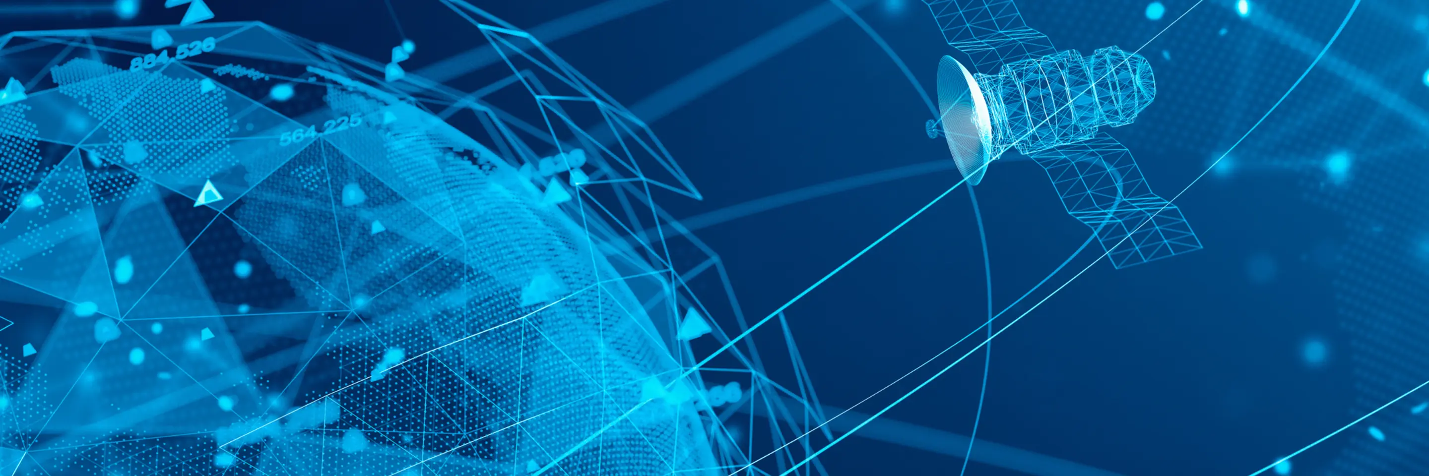 Blue graphic of globe and satellite with lines around them