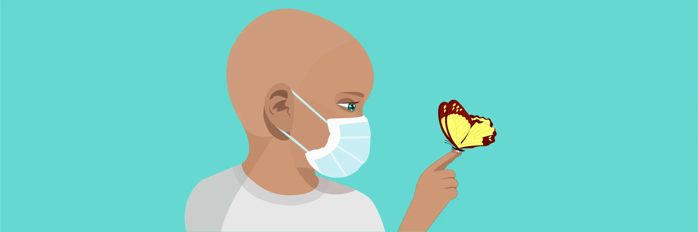 A butterfly lands on a masked child's outstretched finger