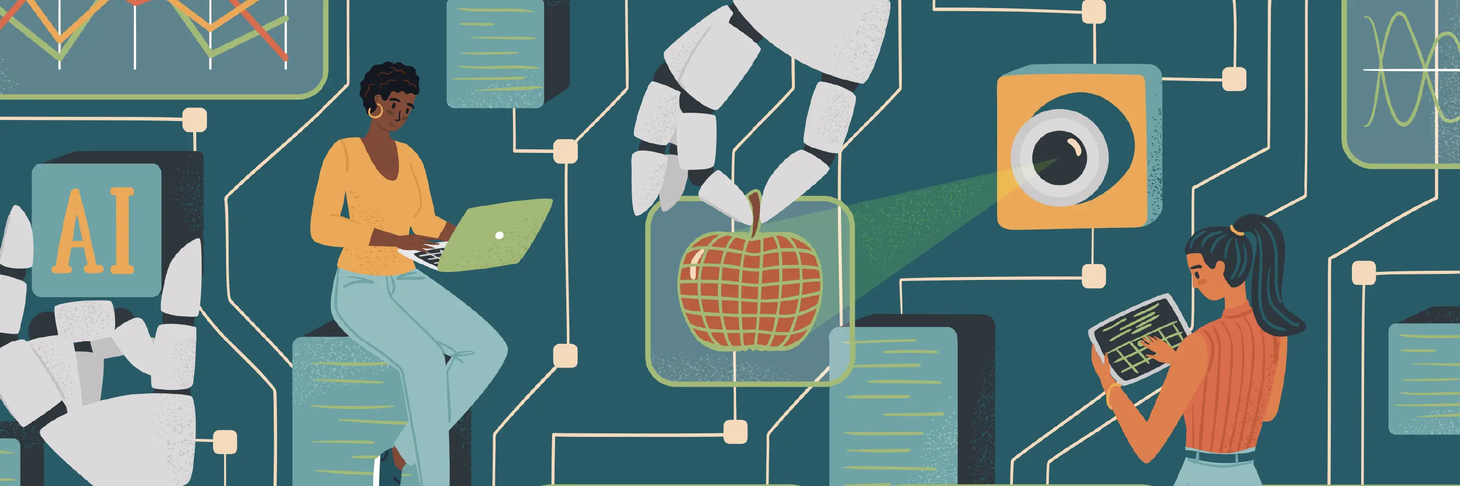 A graphic featuring two women engineers working with AI