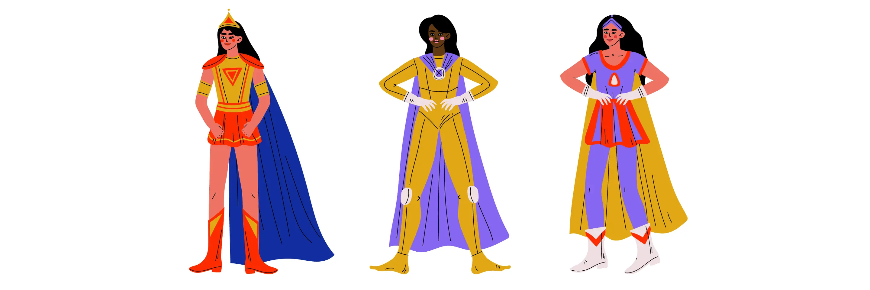 Three women don superhero costumes.
