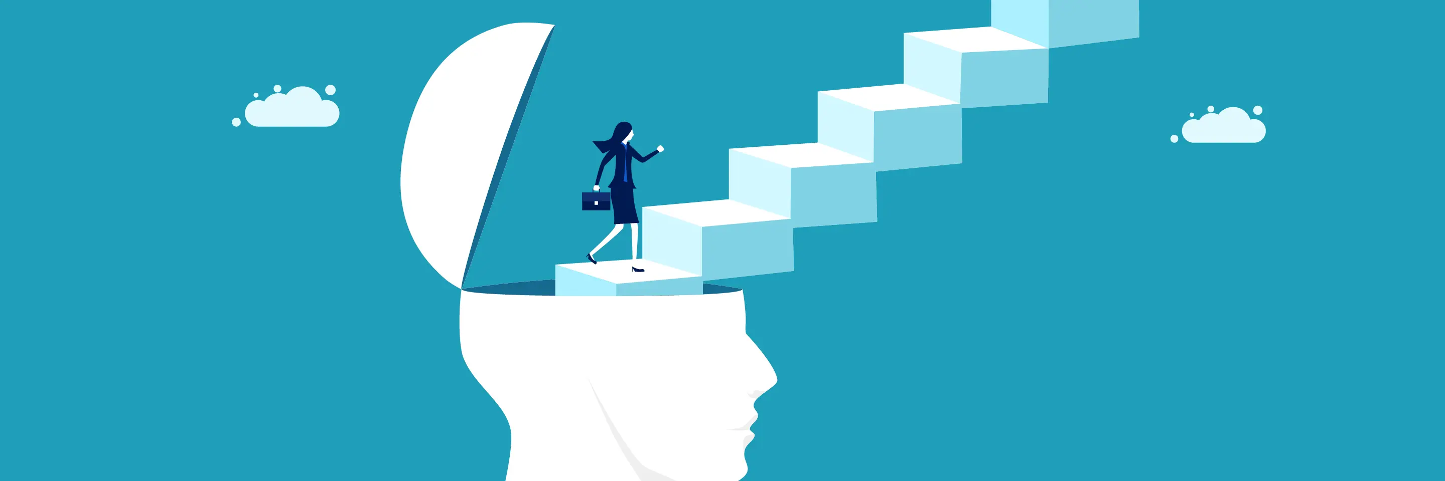 Woman in business suit climbs ladder of success.