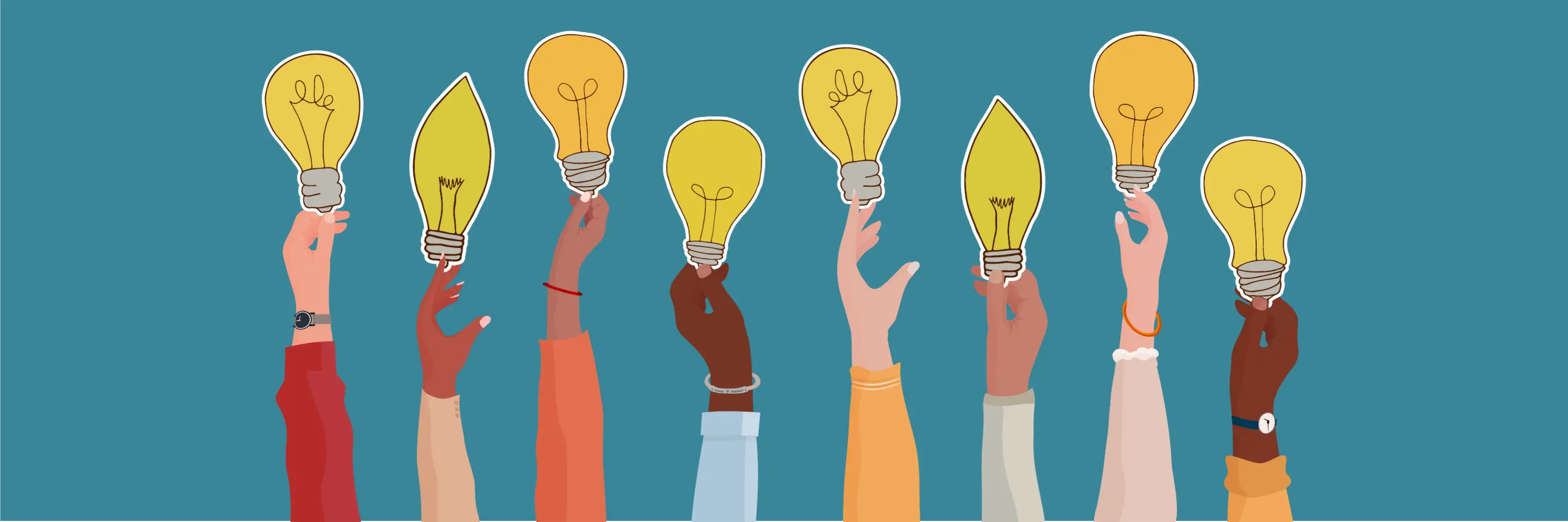 Illustration with the arms of diverse people holding up lightbulbs.