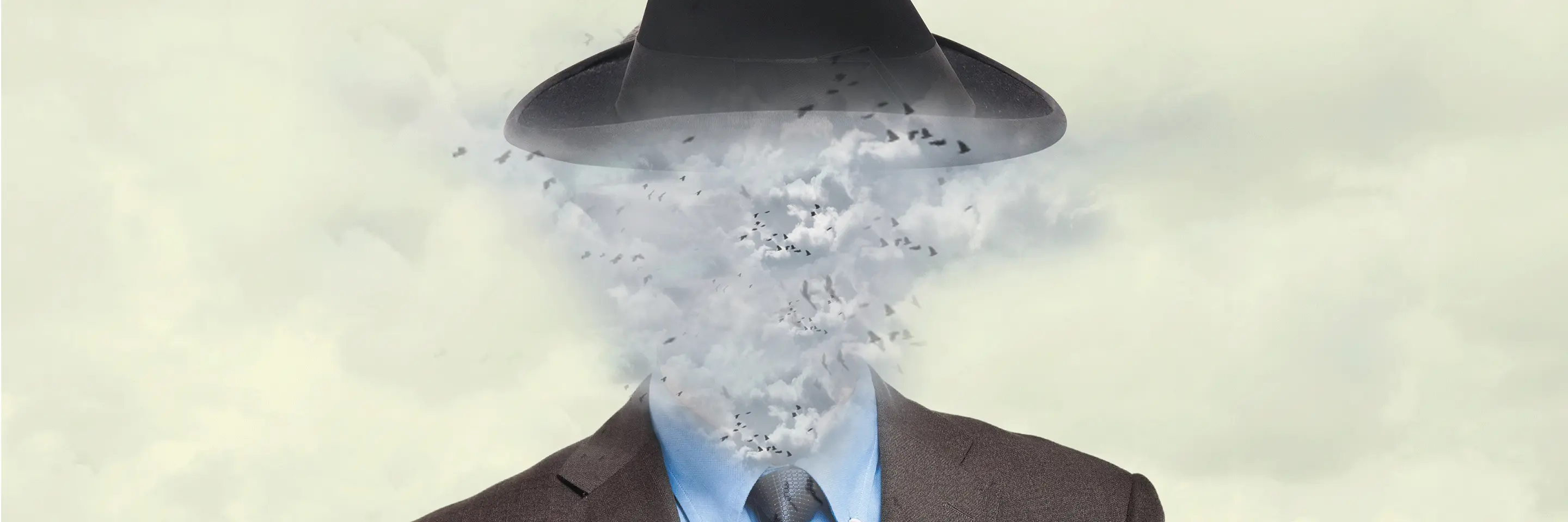 Illustration of a figure wearing a suit and tie with their head as a cloud