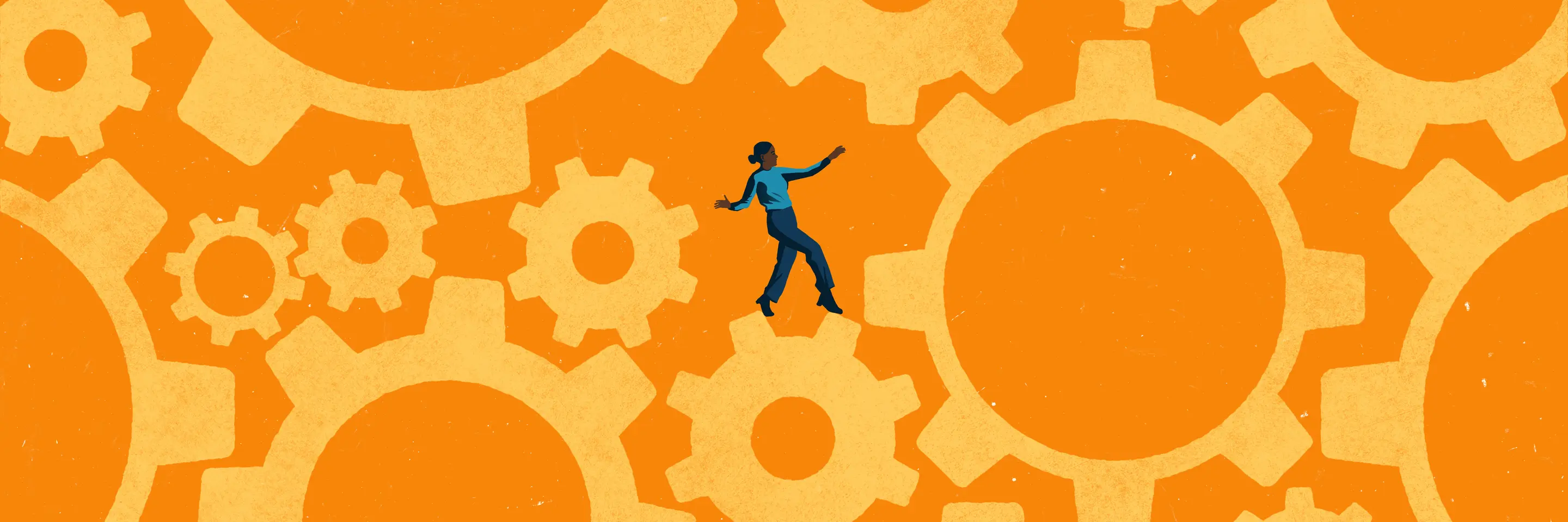 illustration of a person carefully balancing on moving gears