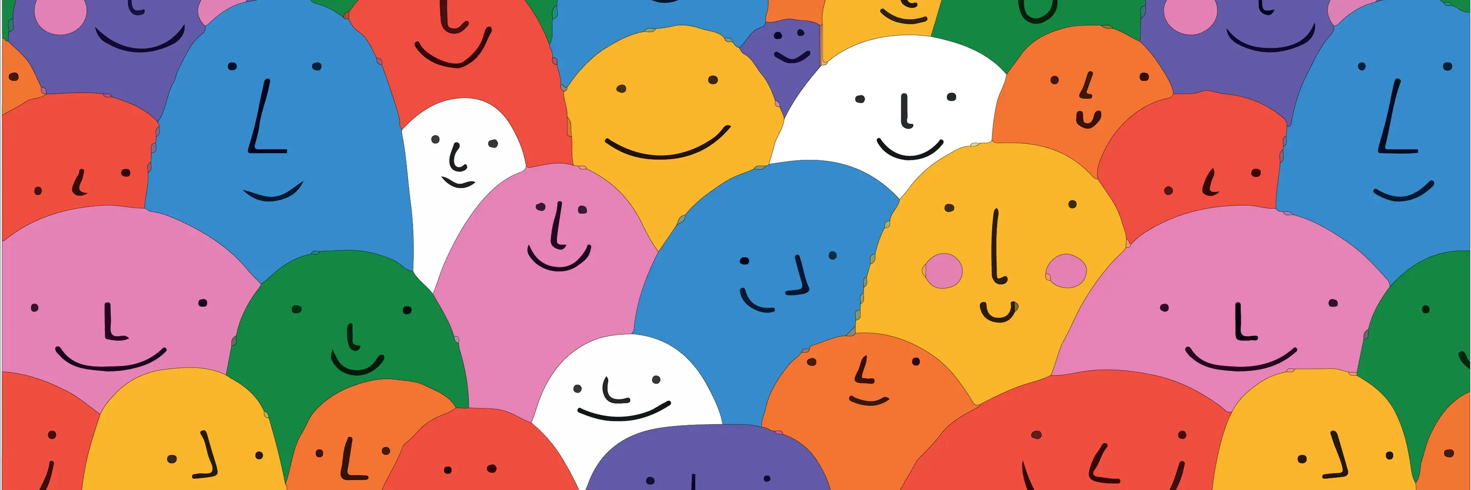 Graphic of many multi-colored smiling faces