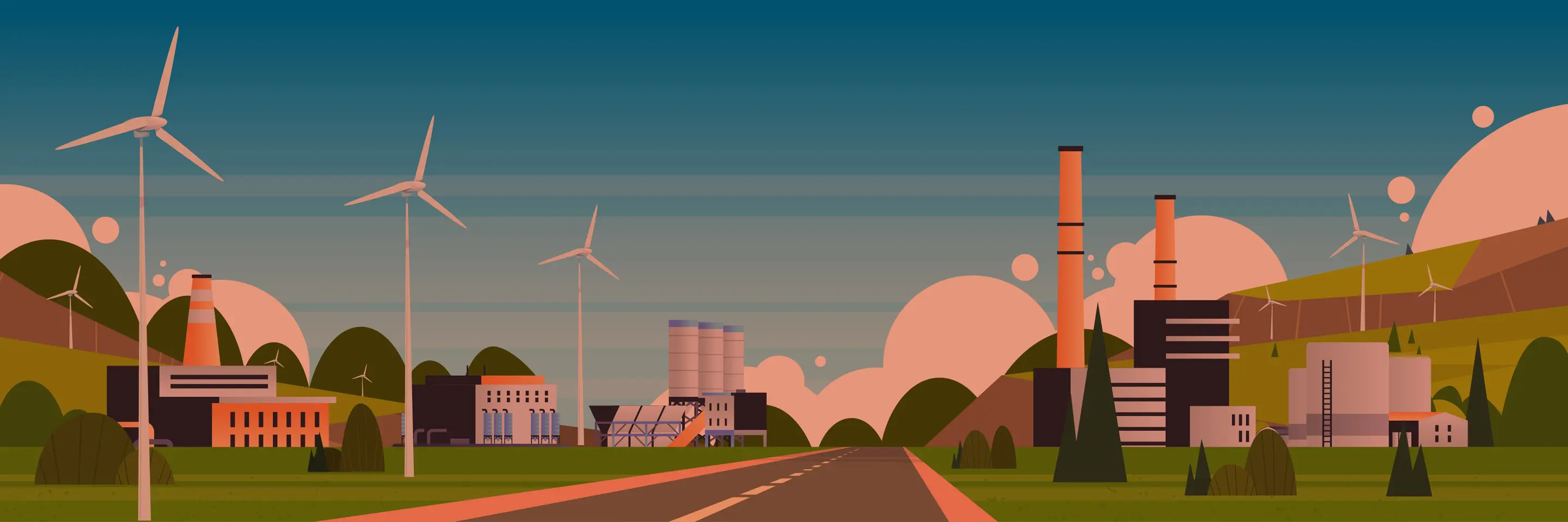 Graphic depicting clean energy and clear skies along a suburban road