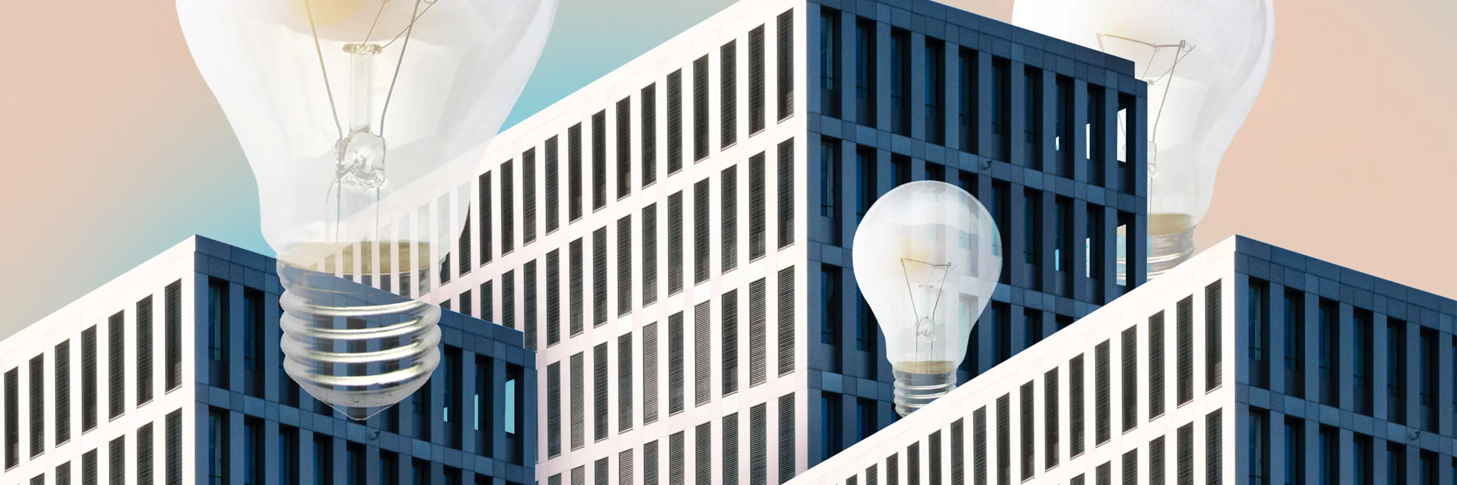 An illustration of lightbulbs floating above skyscrapers