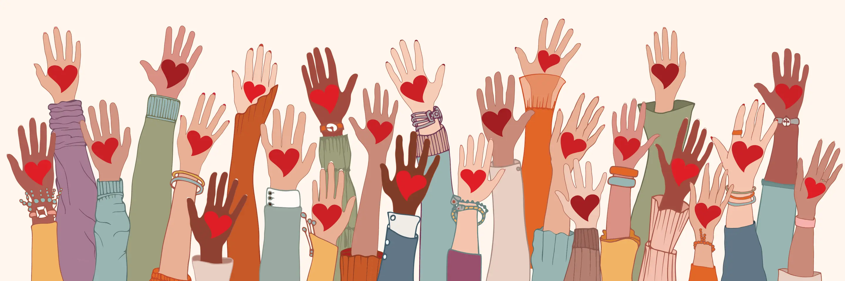 Drawn hands raise up holding hearts