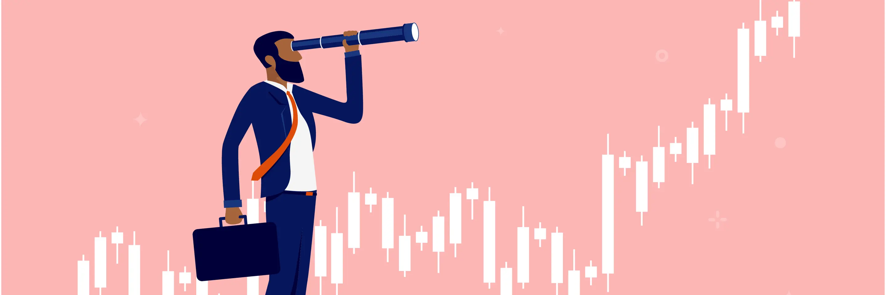 Graphic of businessman using spyglass standing in front of graph