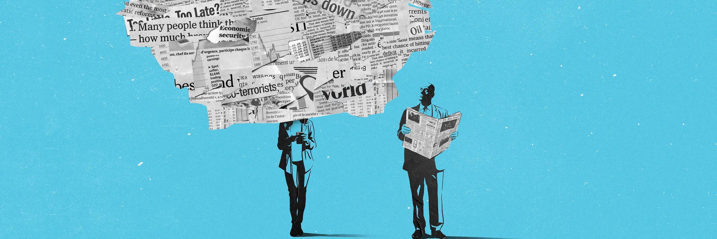 An illustration of a man is looking at a big cloud of news clippings covering another person's face