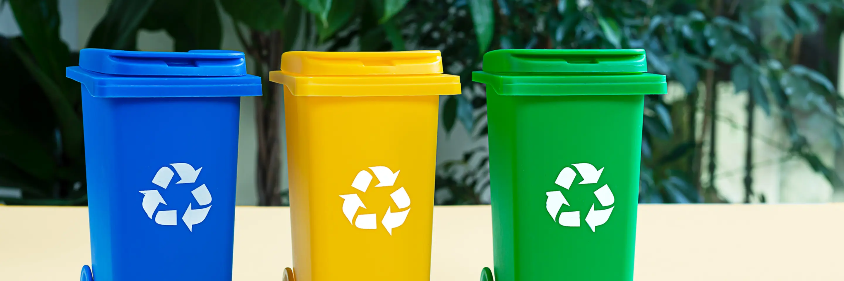 Three recycling bins in a row with leaves in the background
