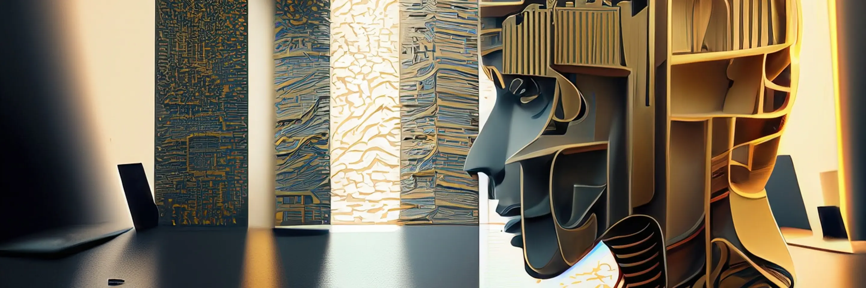 Slightly abstract image of a digital-looking head in an office-type space