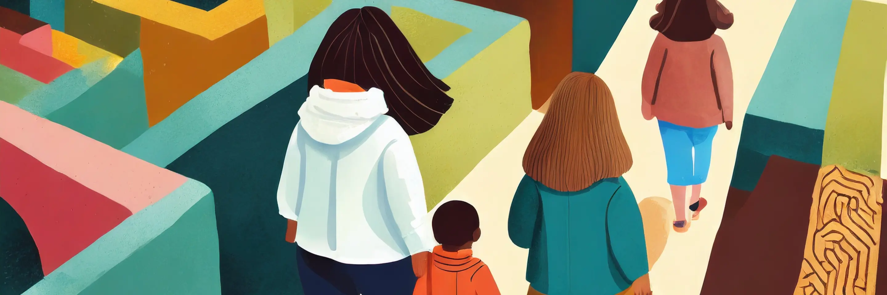 illustration of three women, one with a small child, navigating through a maze
