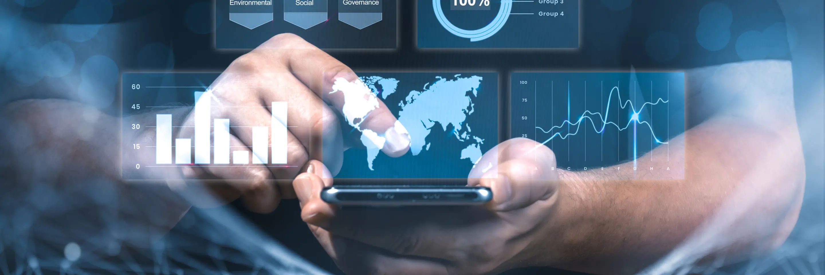 ESG data, graphs, and maps superimposed over man holding smartphone 