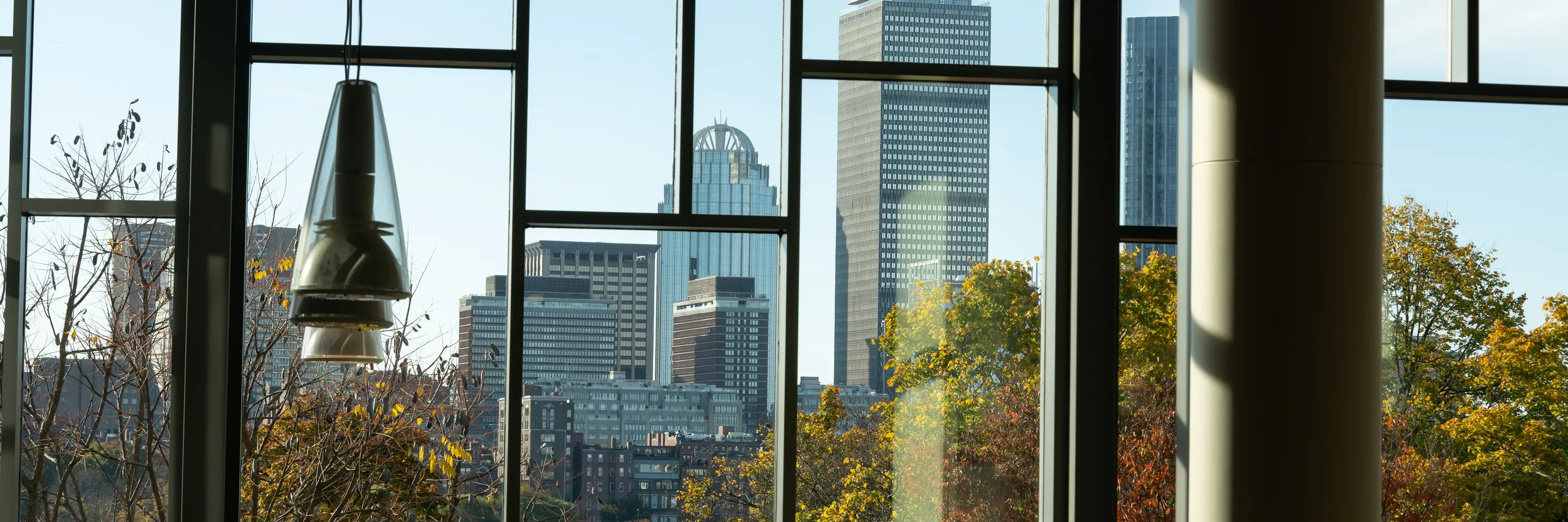 Boston skyline through a campus window
