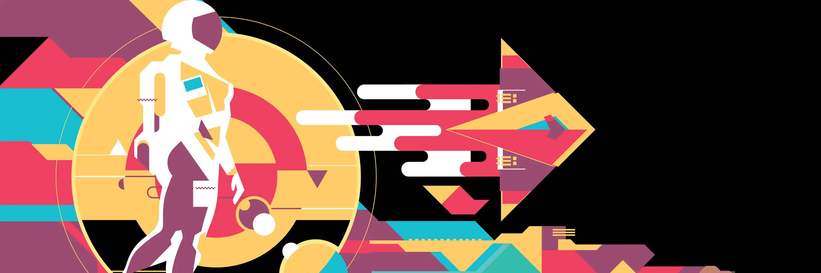 Colorful illustration of woman astronaut charging ahead