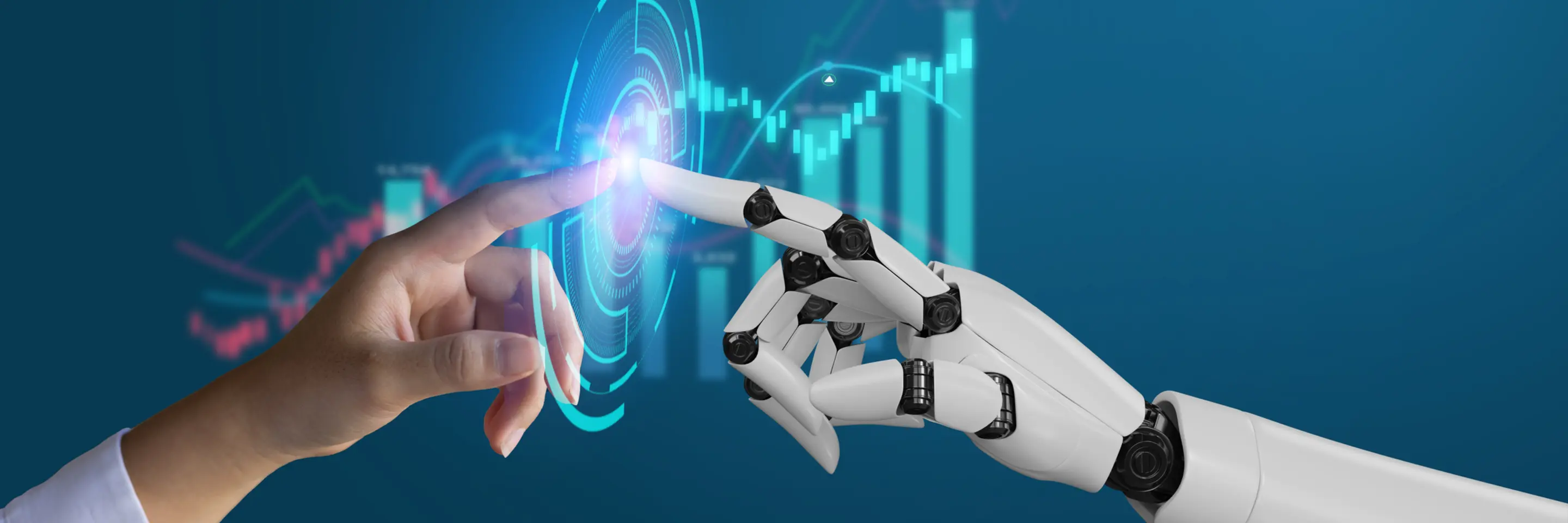 Human and machine index fingers touching floating bar graph