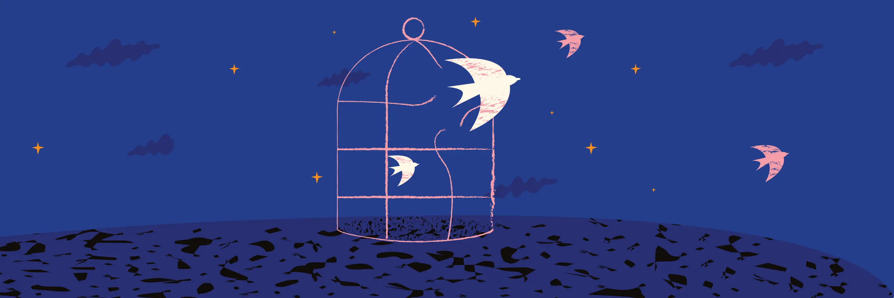 Illustration of birds flying out of cage