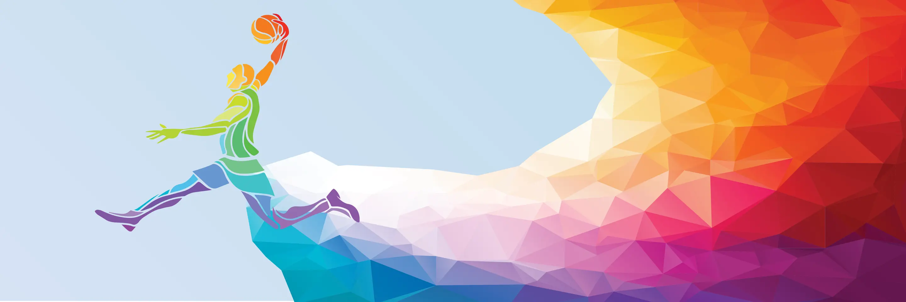 Colorful, geometric illustration of basketball player in action
